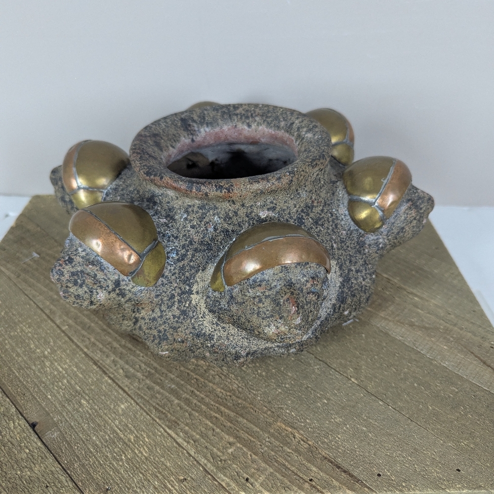 Vintage Brutalist Stone & Brass Vase Sculptural 70s Organic Modern Decor